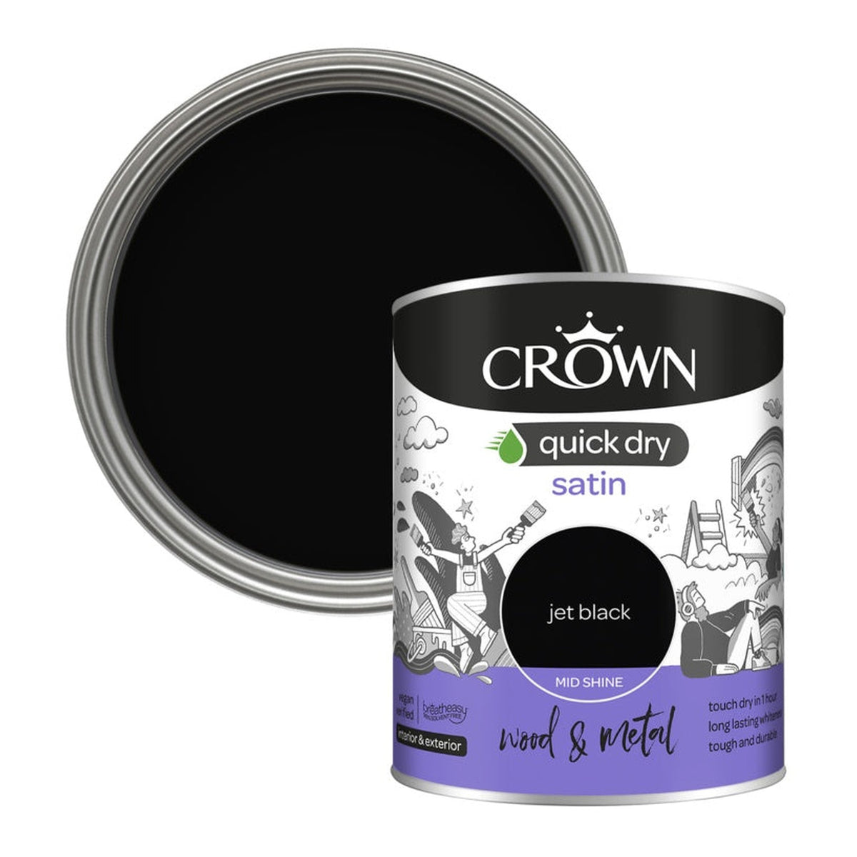 Crown Wood and Metal Quick Dry Satin 750ml tin in Jet Black