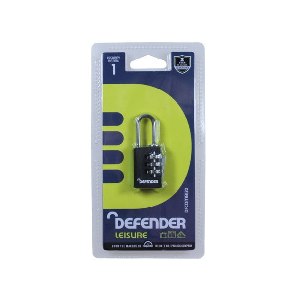 Defender black die cast combination padlock 20mm