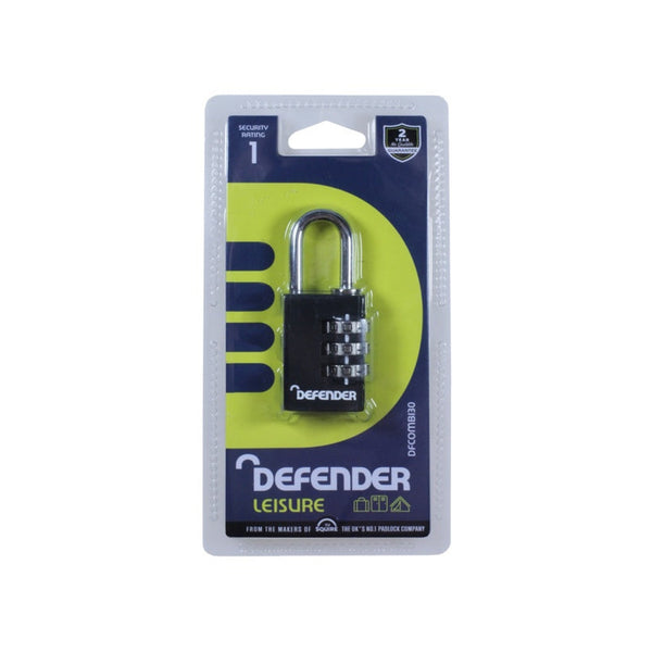 Defender 30mm black die cast combination padlock