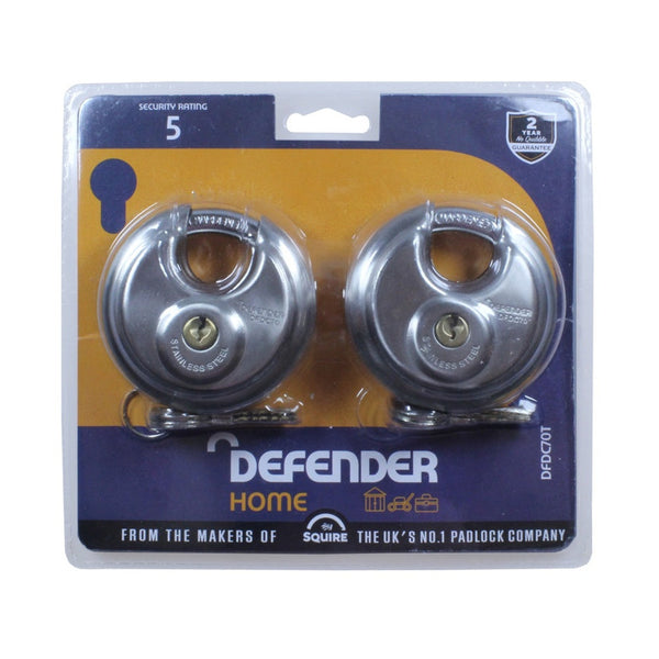 Defender 70mm stainless steel disc padlocks, twin pack