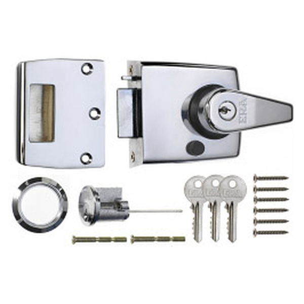 Double Locking Nightlatch 60mm - Finish: Polished Chrome Body - Chrome Cylinder