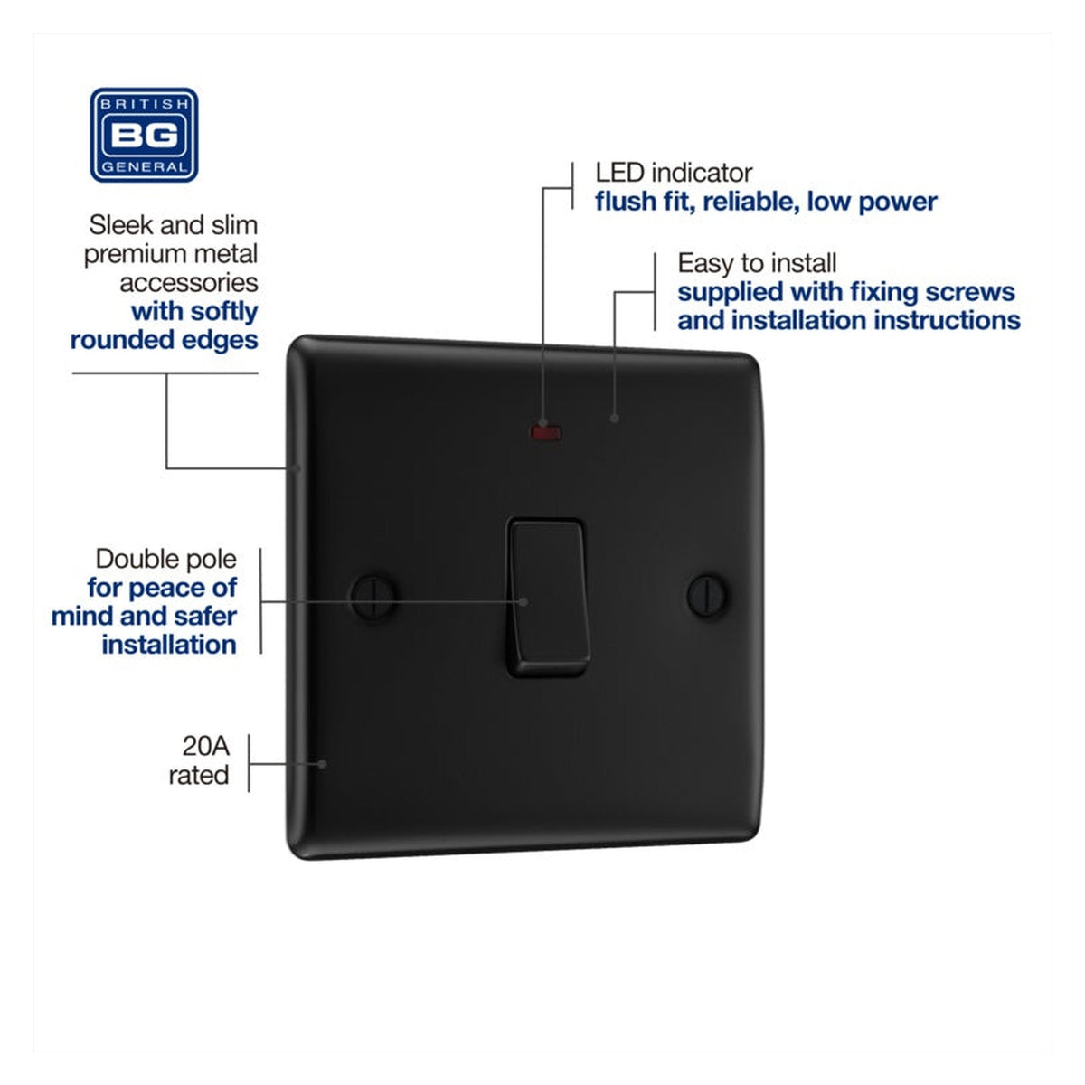 Double Pole Switch With Power Indicator - 20a Black, view 5