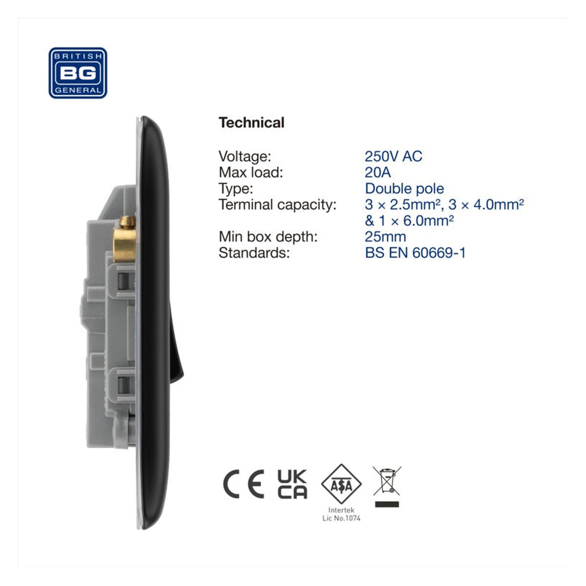 Double Pole Switch With Power Indicator - 20a Black, view 7