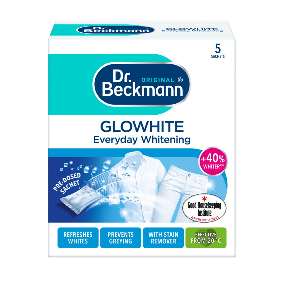 Dr Beckmann Glowhite laundry whitener, 5 x 40g sachets