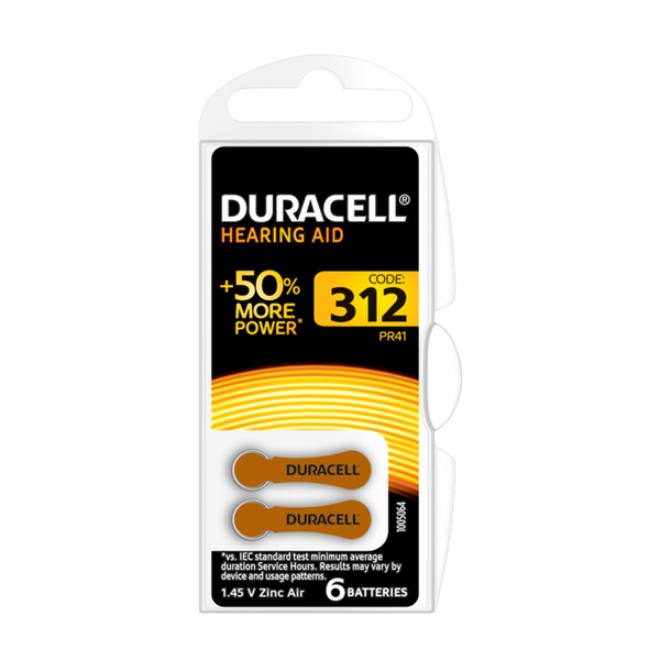 Pack of 6 Duracell size 312 hearing aid batteries