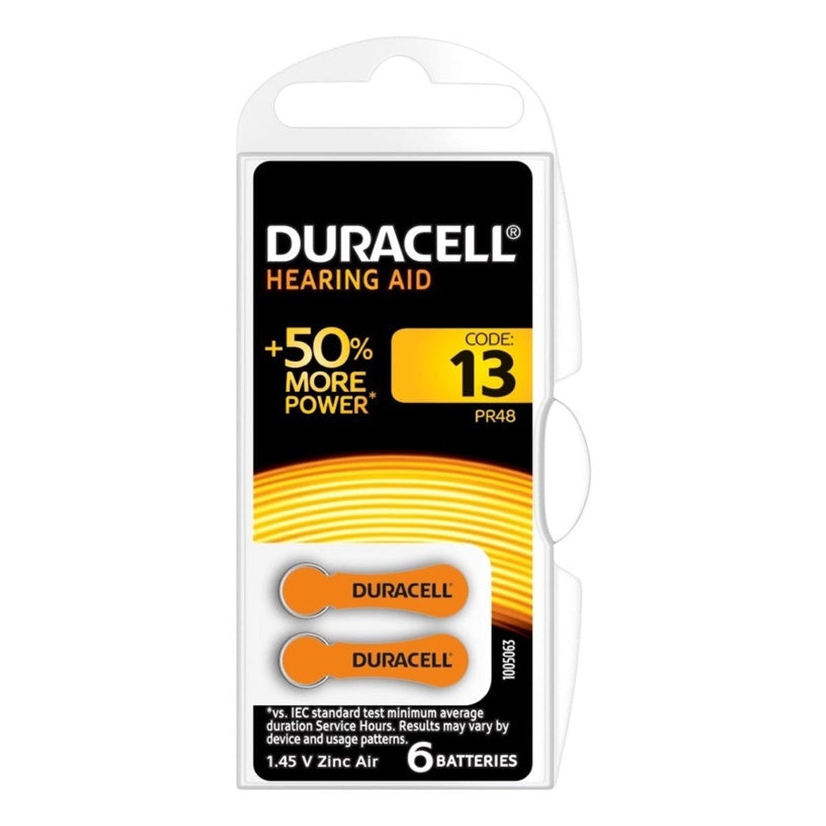 Duracell size 13 hearing aid batteries, pack of 6