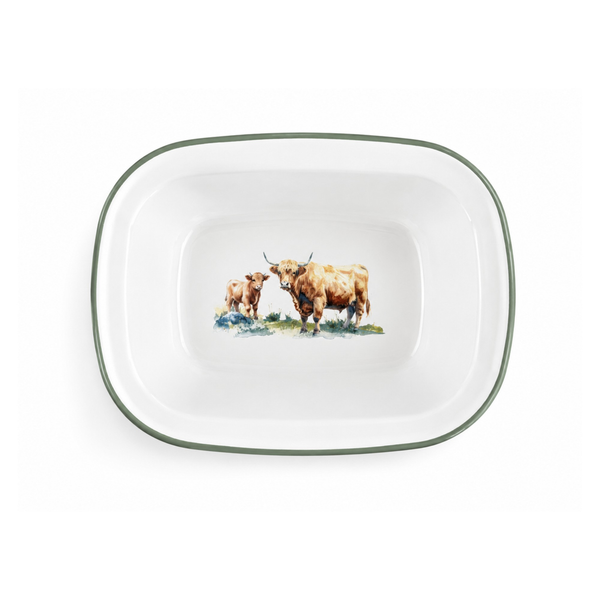 Enamel Oblong Pie Dish 20cm - Highland Cow