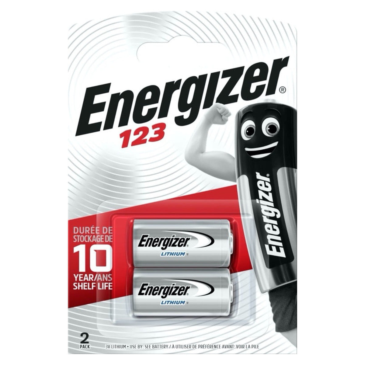 Energizer Lithium CR123 3V batteries, card of 2