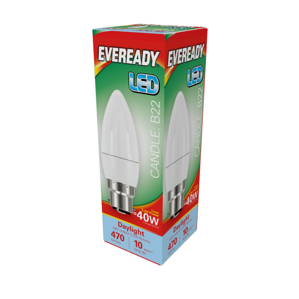 Eveready LED candle bulb with B22 cap, 470 lumens daylight