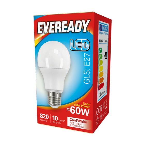 Pack of 10 Eveready LED GLS E27 cool white bulbs