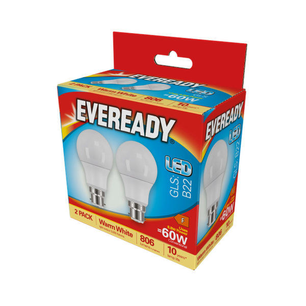 Eveready LED GLS B22 warm white bulbs, pack of 2