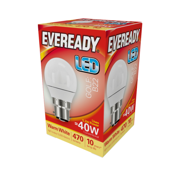 Eveready LED golf ball bulb, B22, warm white 470 lumens