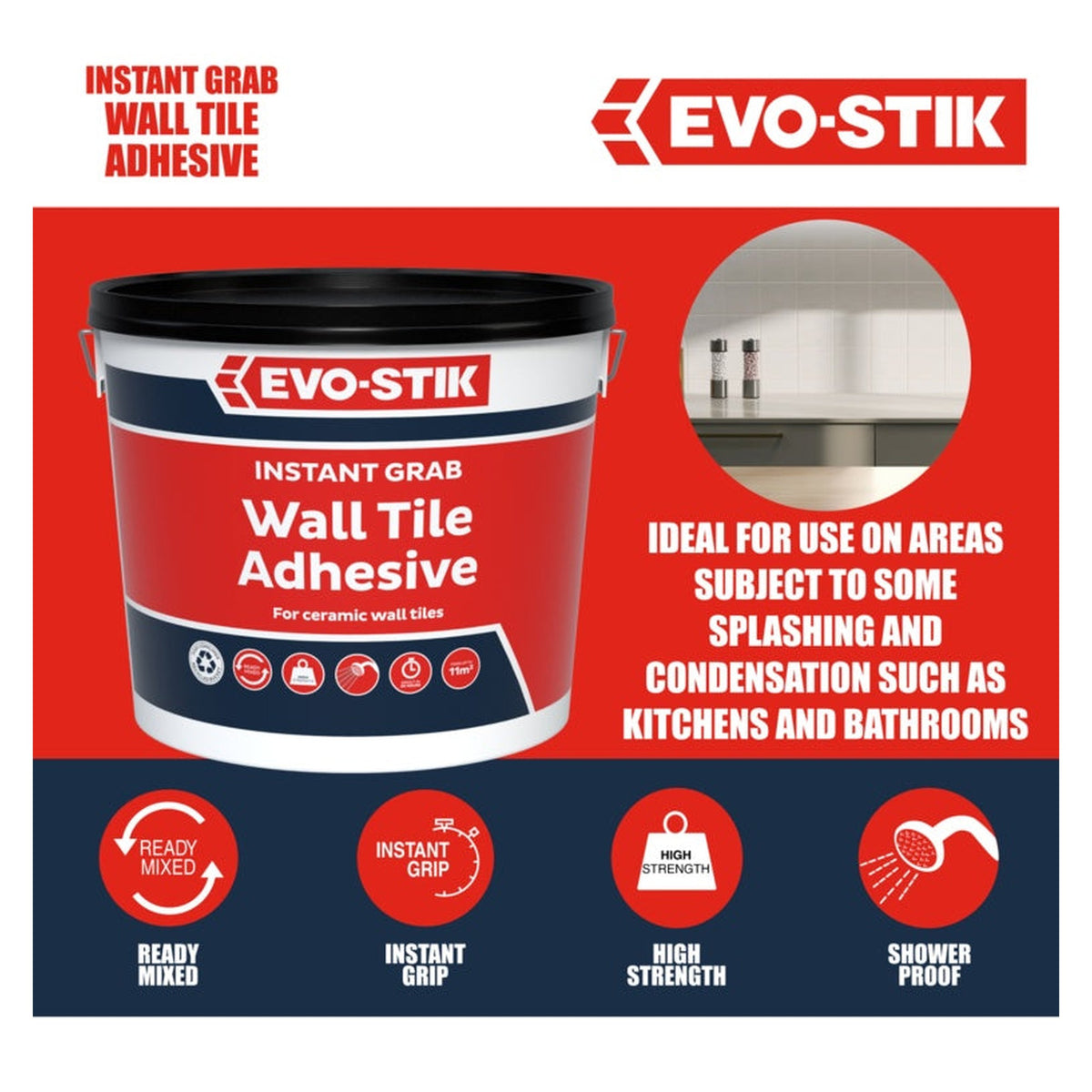 Evo-Stik instant grab wall tile adhesive 10L tub, view 2