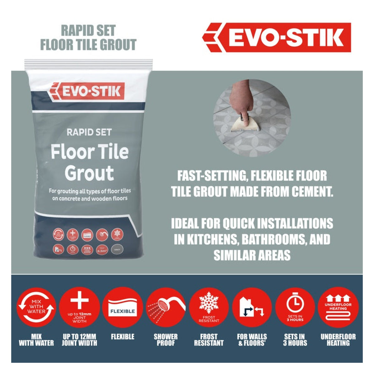 Evo-Stik Rapid Set Floor Tile Grout 5kg in Grey, view 2