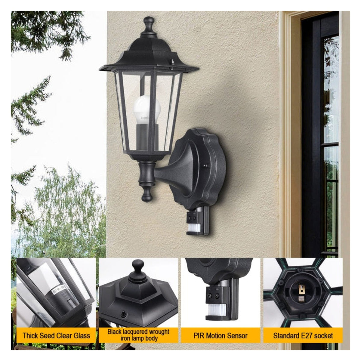 Extrastar black vintage wall light with PIR sensor