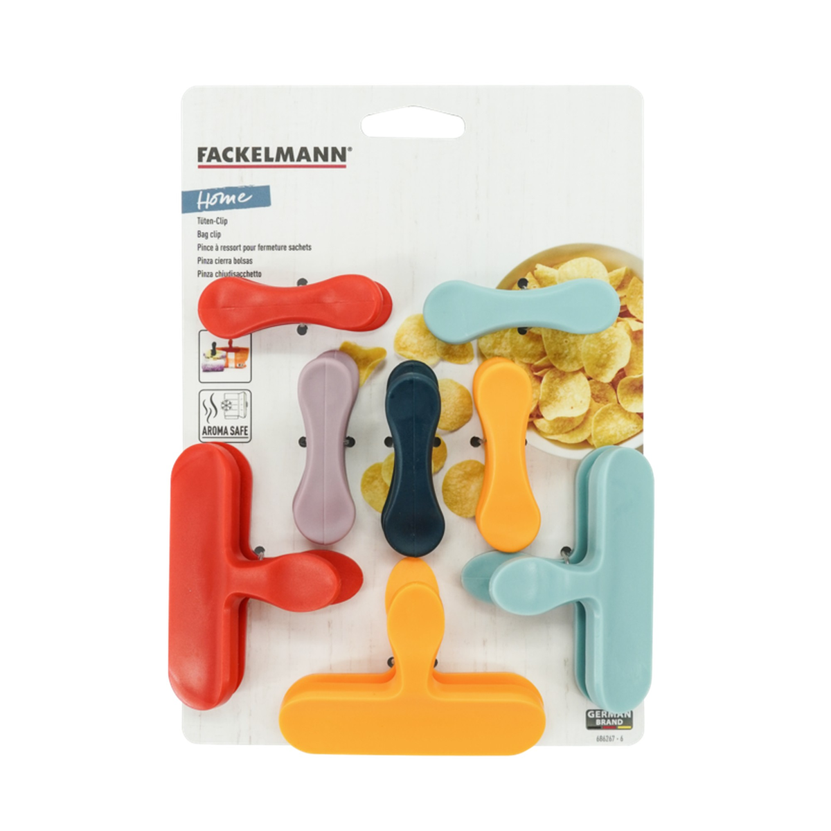 Fackelmann set of 8 multi-coloured plastic bag clips, view 2