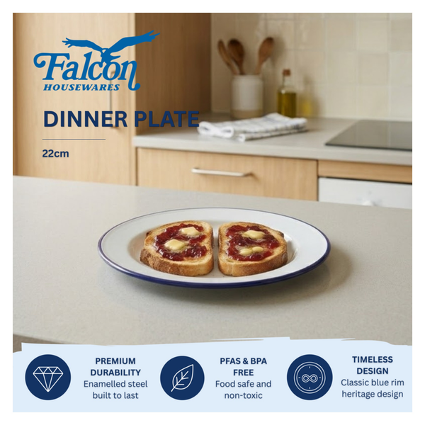 Falcon white enamel dinner plate with blue rim