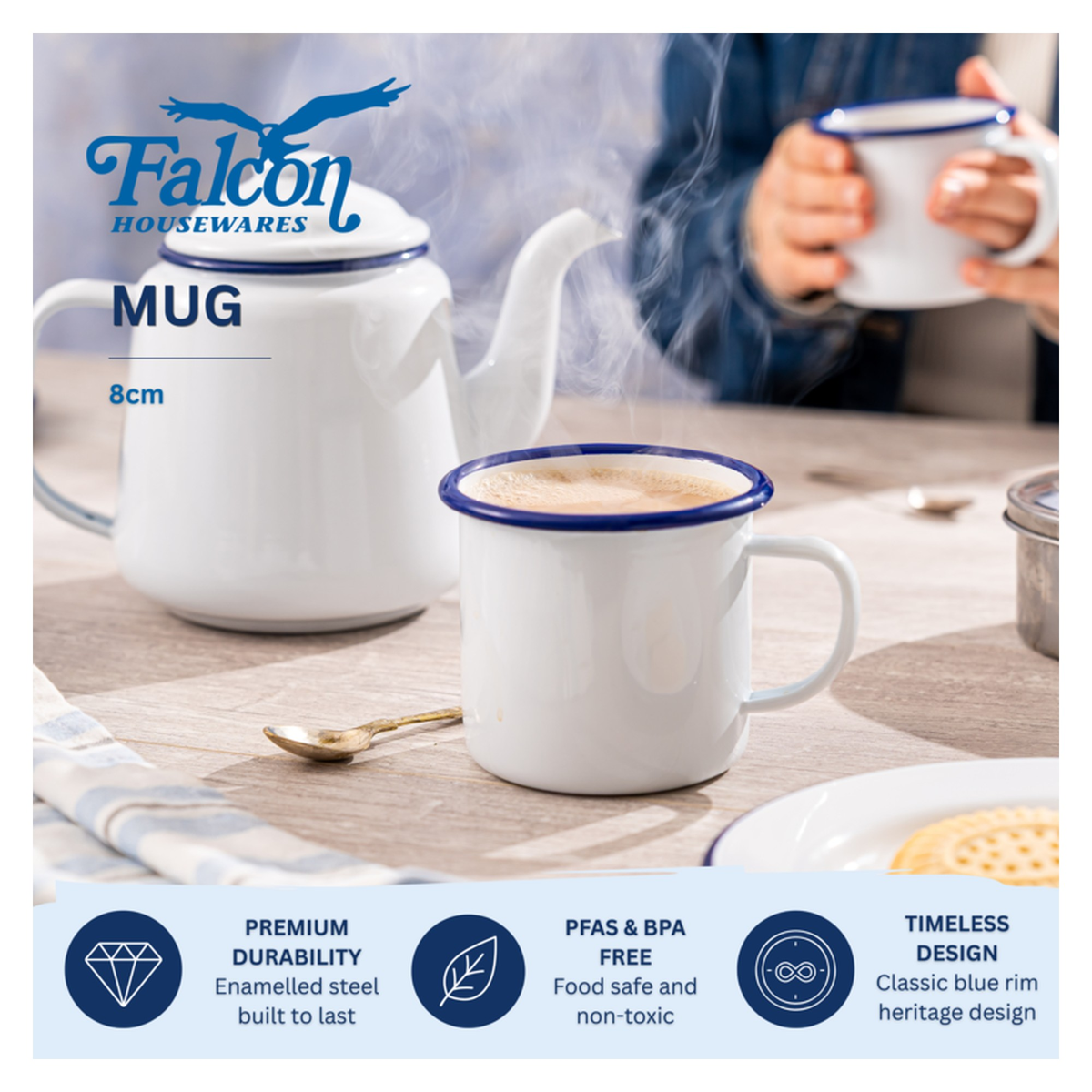 Falcon traditional white enamel mug with blue rim