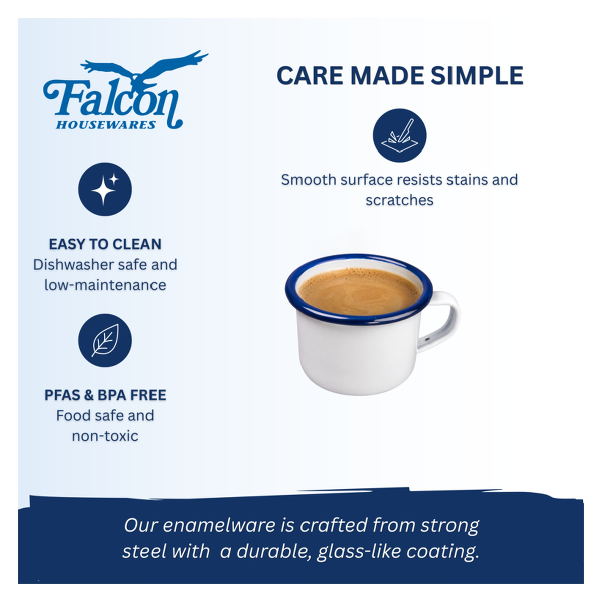 Falcon traditional white enamel expresso mug with blue rim, 125ml, view 2