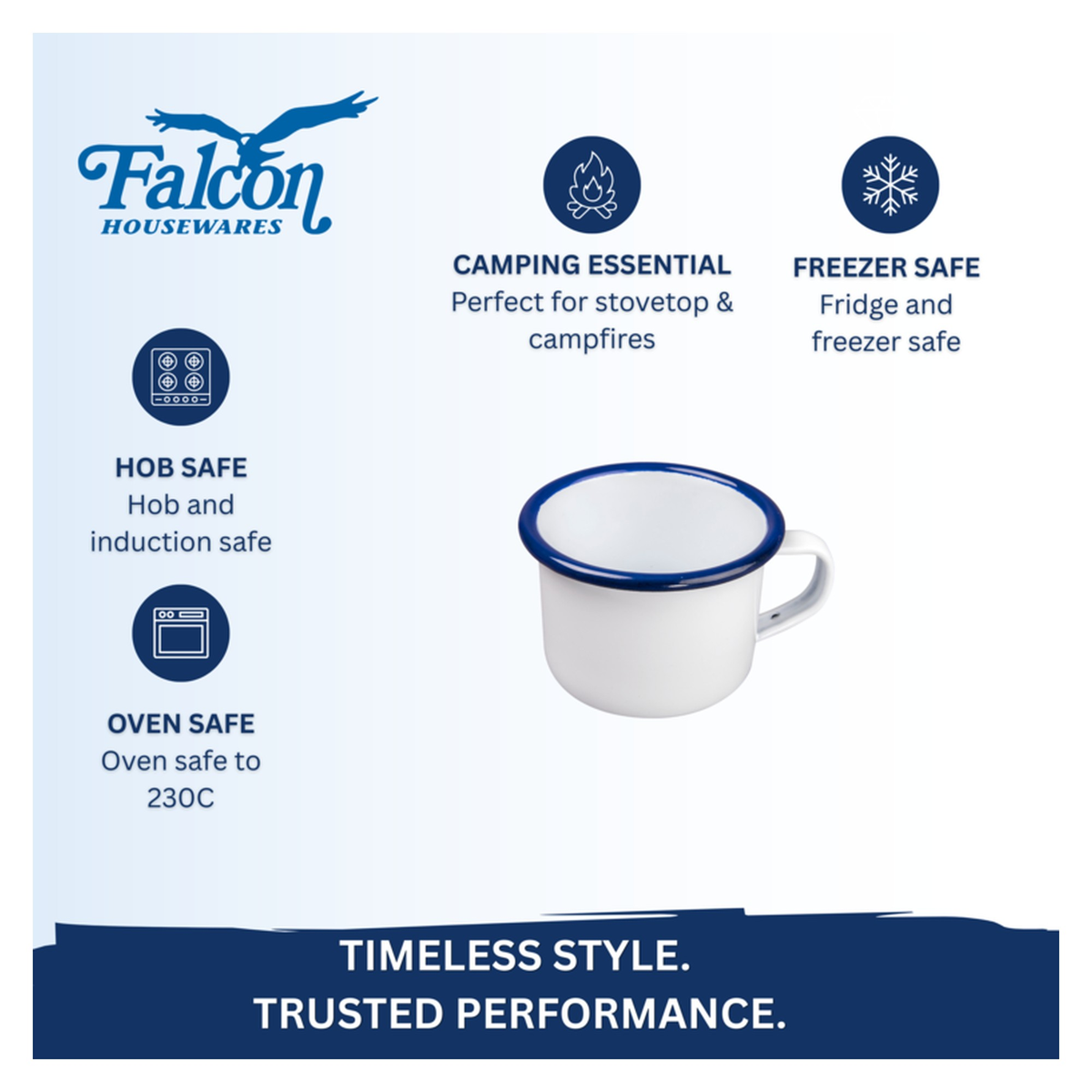 Falcon traditional white enamel expresso mug with blue rim, 125ml, view 3
