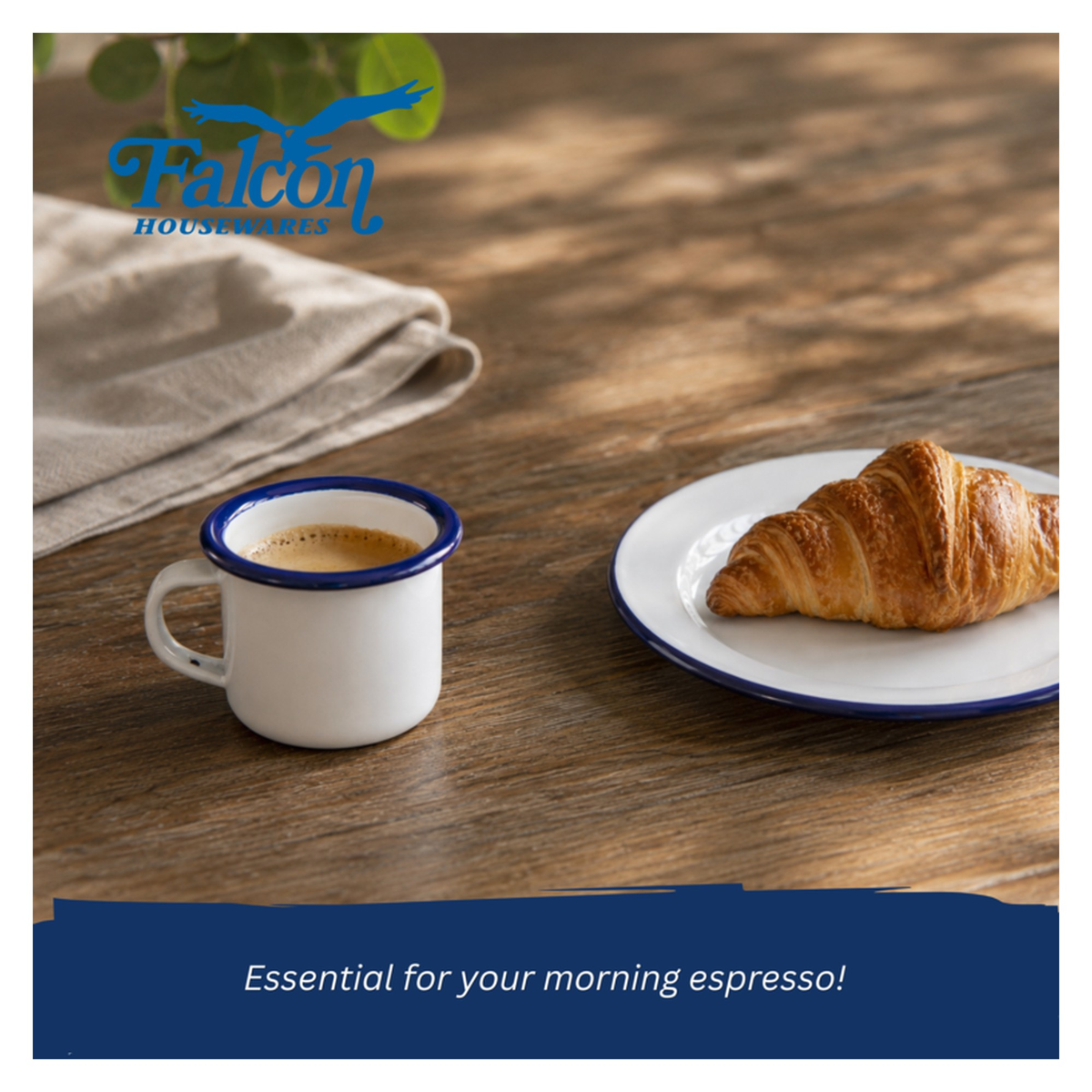 Falcon traditional white enamel expresso mug with blue rim, 125ml, view 5