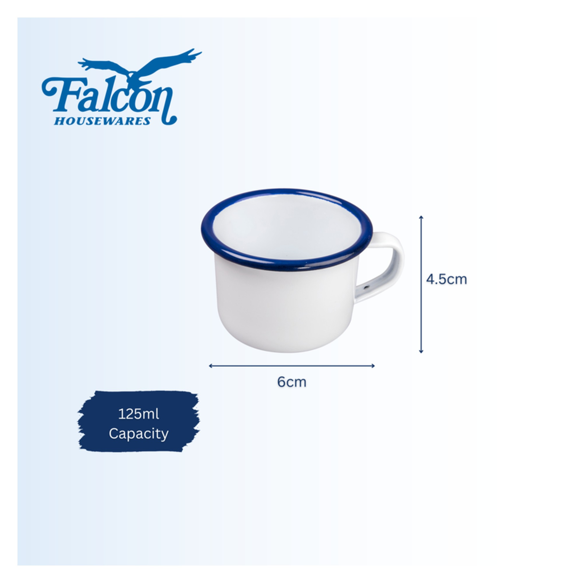 Falcon traditional white enamel expresso mug with blue rim, 125ml, view 6