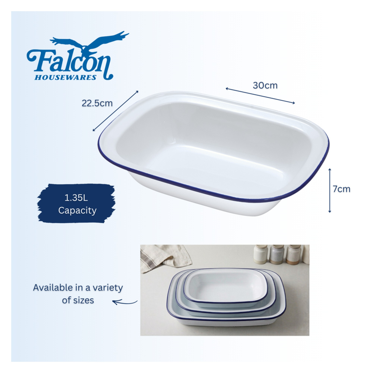 Falcon oblong white enamel pie dish with blue rim, 30cm, view 2