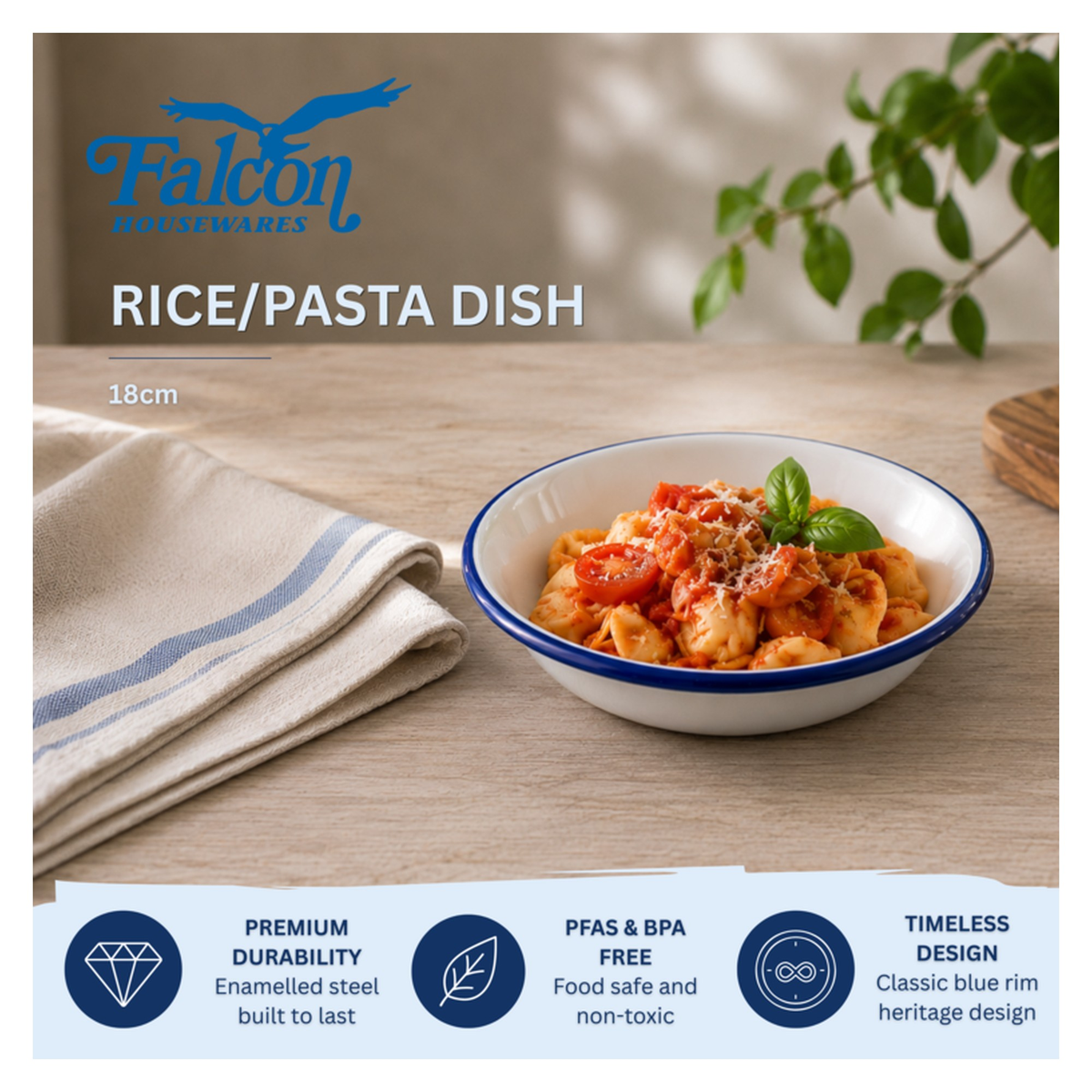 Falcon white enamel pasta and rice plate 18cm