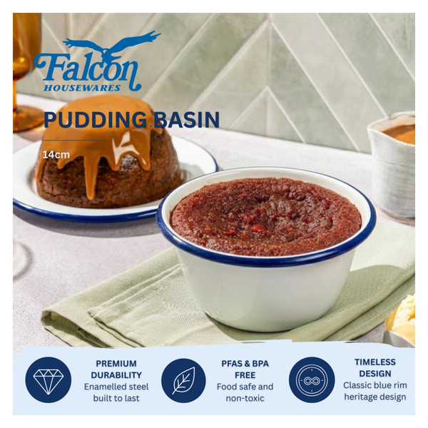 Falcon white enamel pudding basin with blue rim