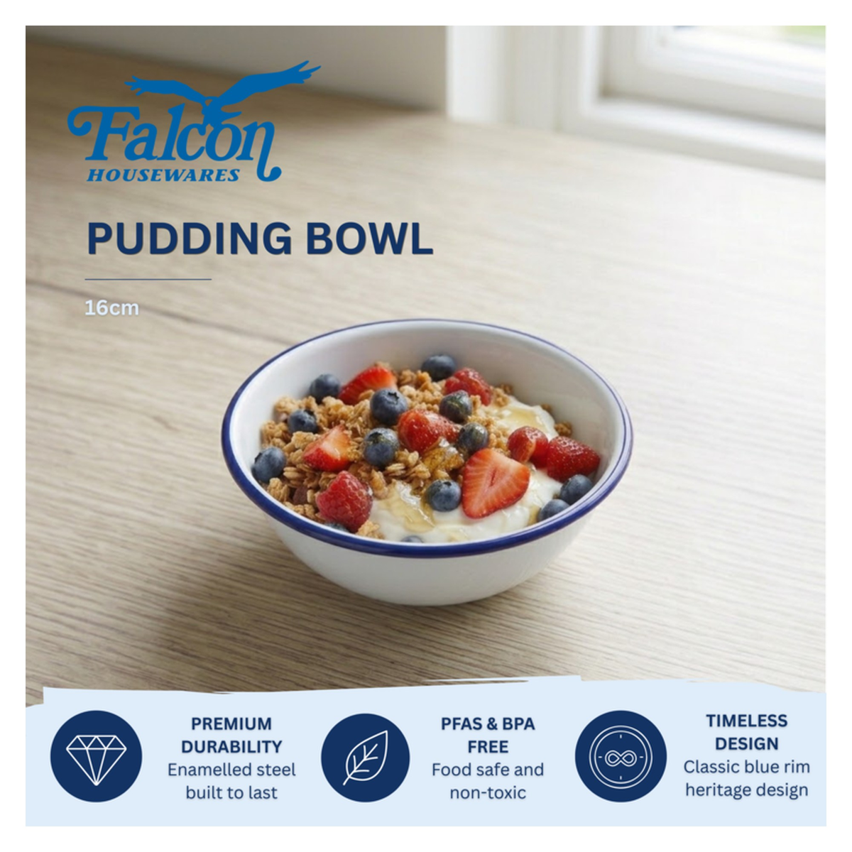 Falcon white enamel pudding bowl with blue rim 16cm