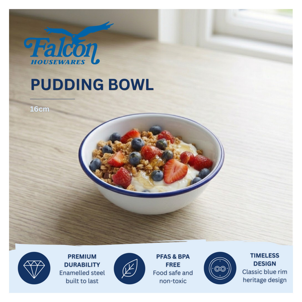 Falcon white enamel pudding bowl with blue rim 16cm