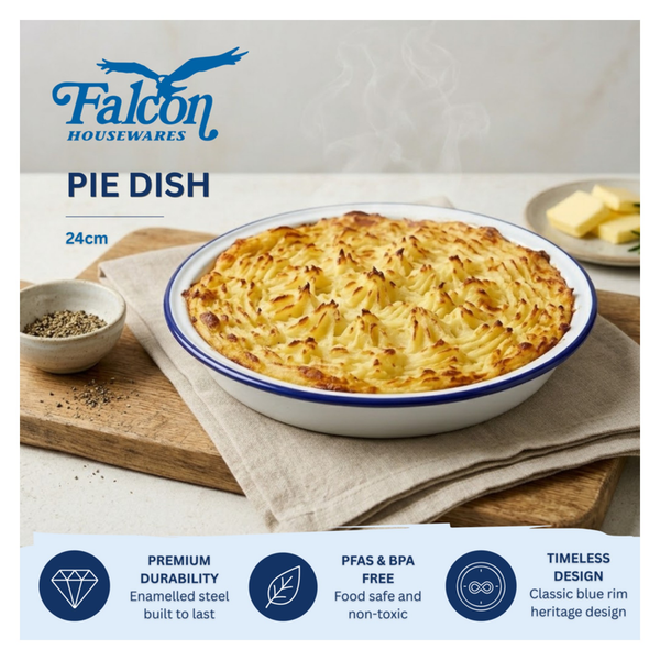 Falcon white enamel round pie dish 24cm with blue rim