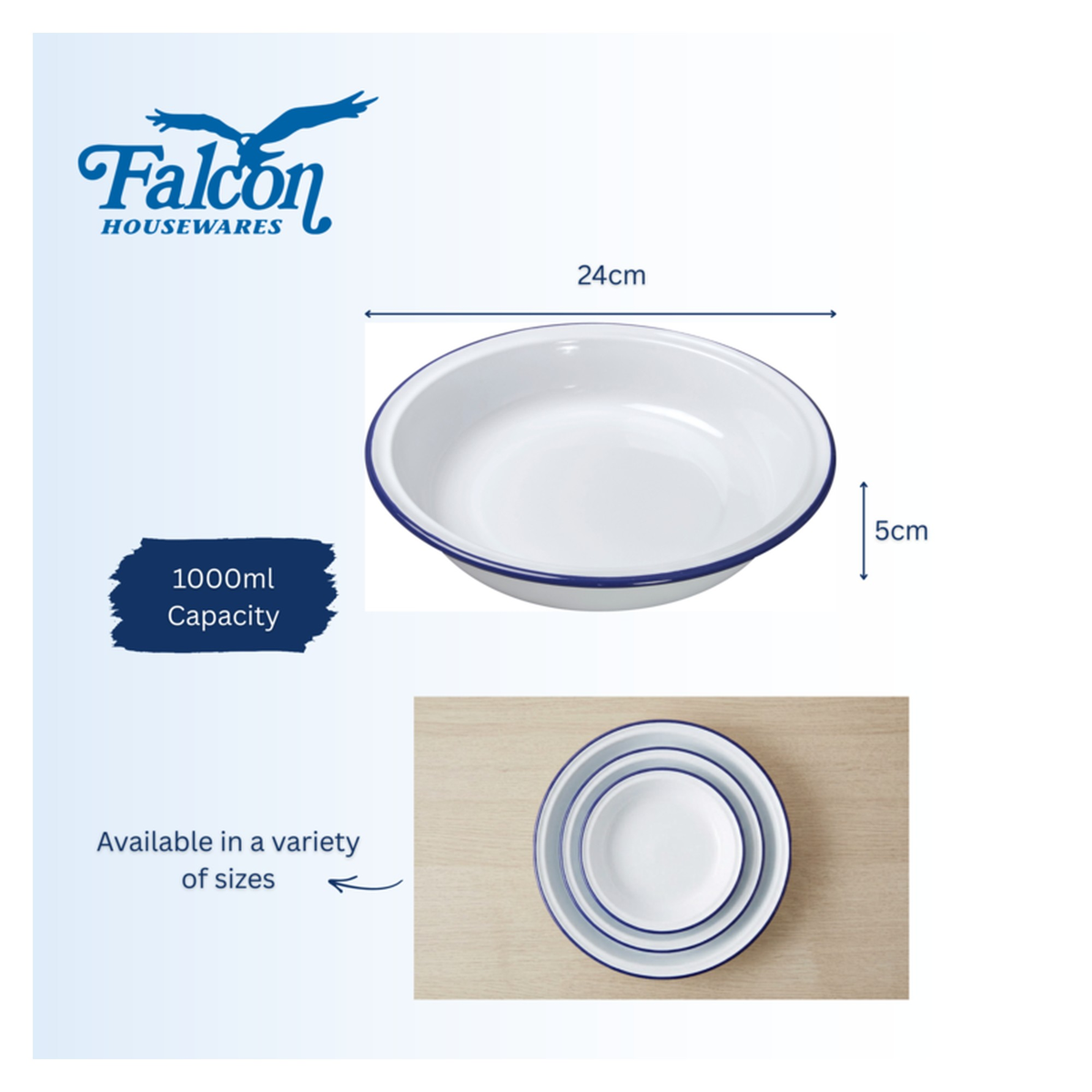Falcon white enamel round pie dish 24cm with blue rim, view 5