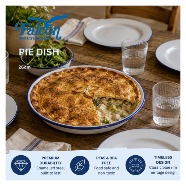 Falcon round white enamel pie dish with blue rim 26cm