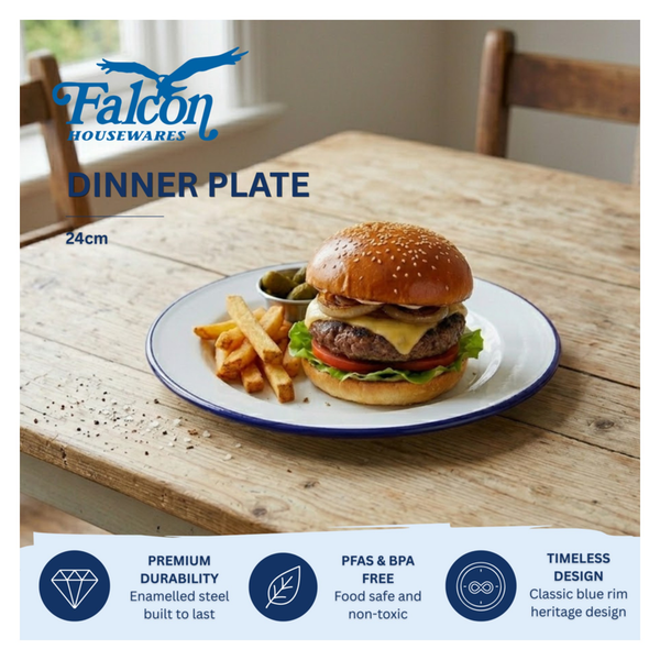 Falcon traditional white enamel dinner plate with blue rim, 24cm