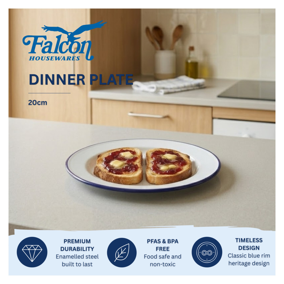 Falcon traditional white enamel dinner plate with blue rim, 20cm