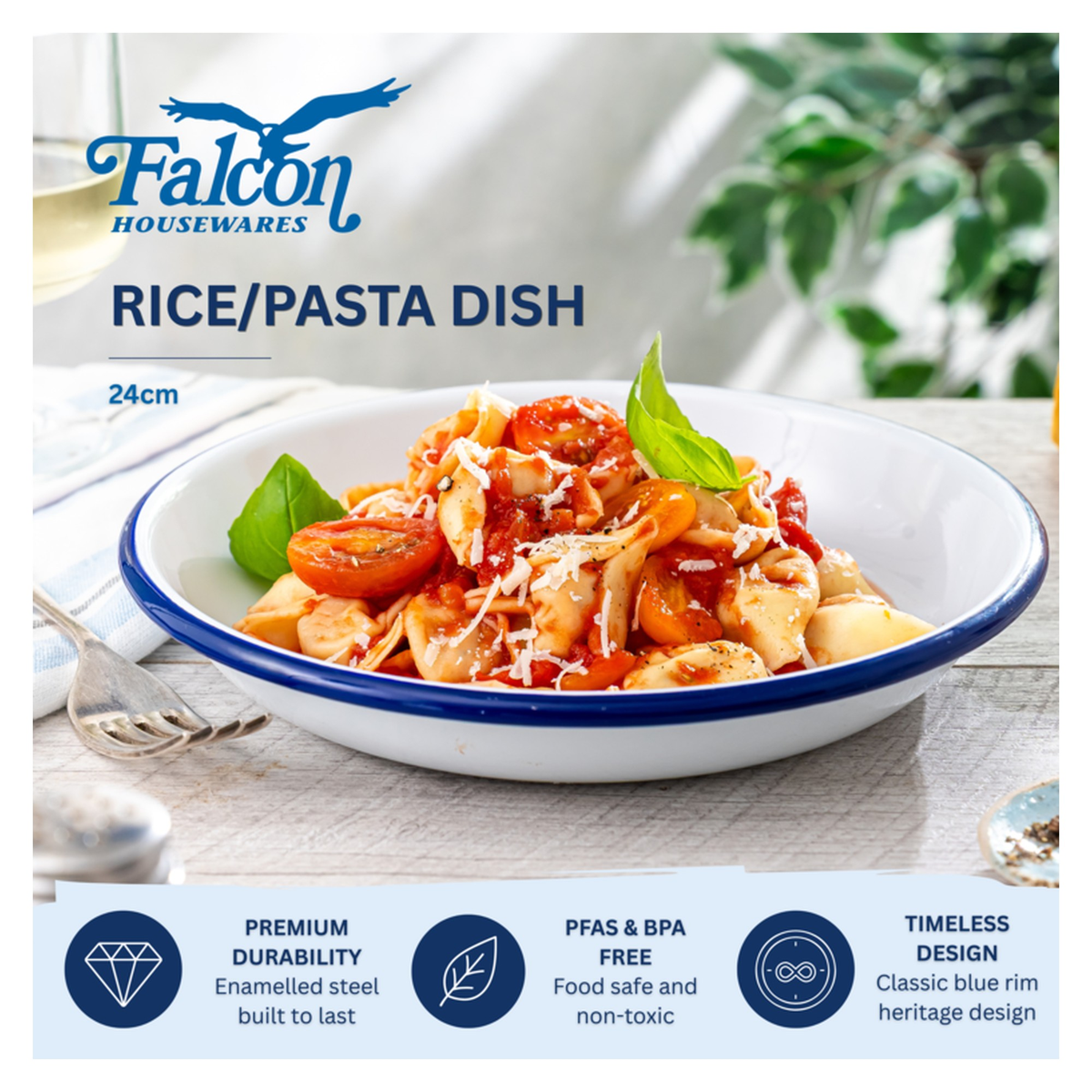 Falcon white enamel pasta and rice plate with blue rim