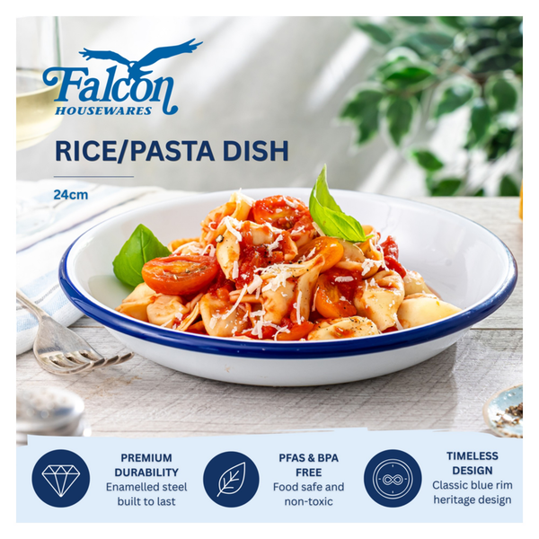Falcon white enamel pasta and rice plate with blue rim