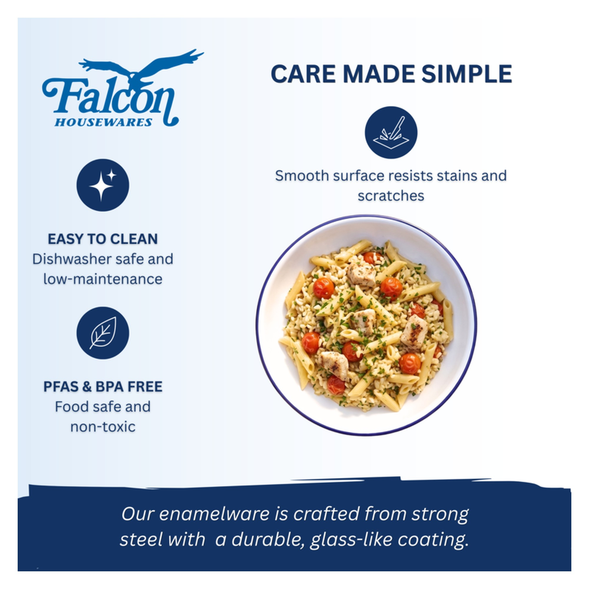 Falcon white enamel pasta and rice plate with blue rim, view 2