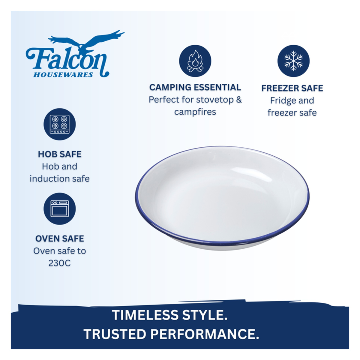 Falcon white enamel pasta and rice plate with blue rim, view 5