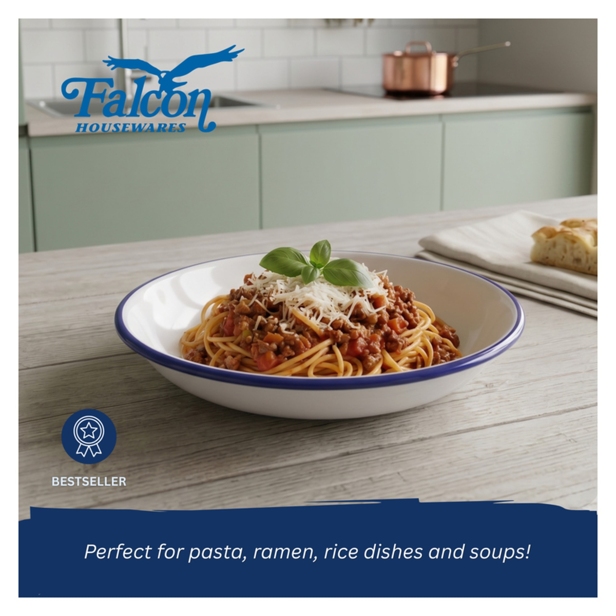 Falcon white enamel pasta and rice plate with blue rim, view 6