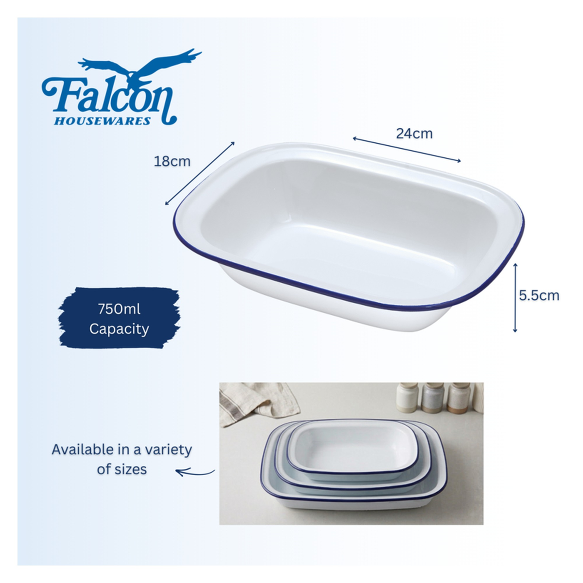 Falcon white enamel oblong pie dish with blue rim, 24 x 18cm, view 7