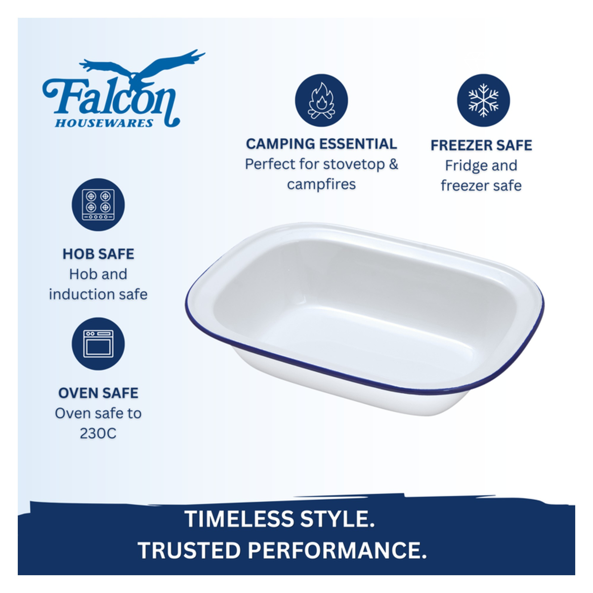 Falcon oblong white enamel pie dish with blue rim, 28cm x 21cm, view 2