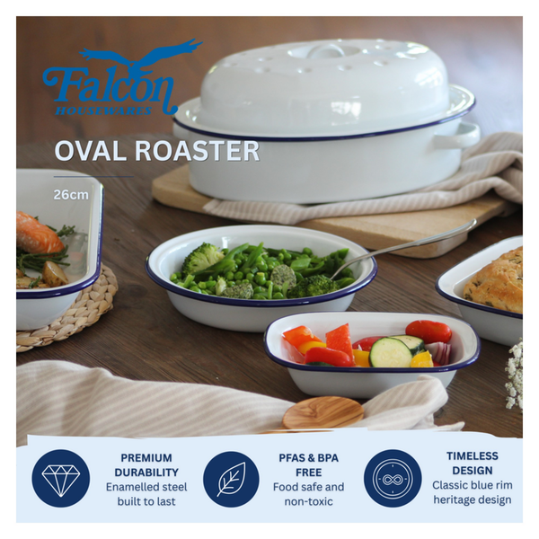 Falcon white enamel oval roaster with blue rim