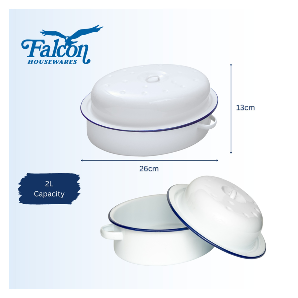 Falcon white enamel oval roaster with blue rim, view 4