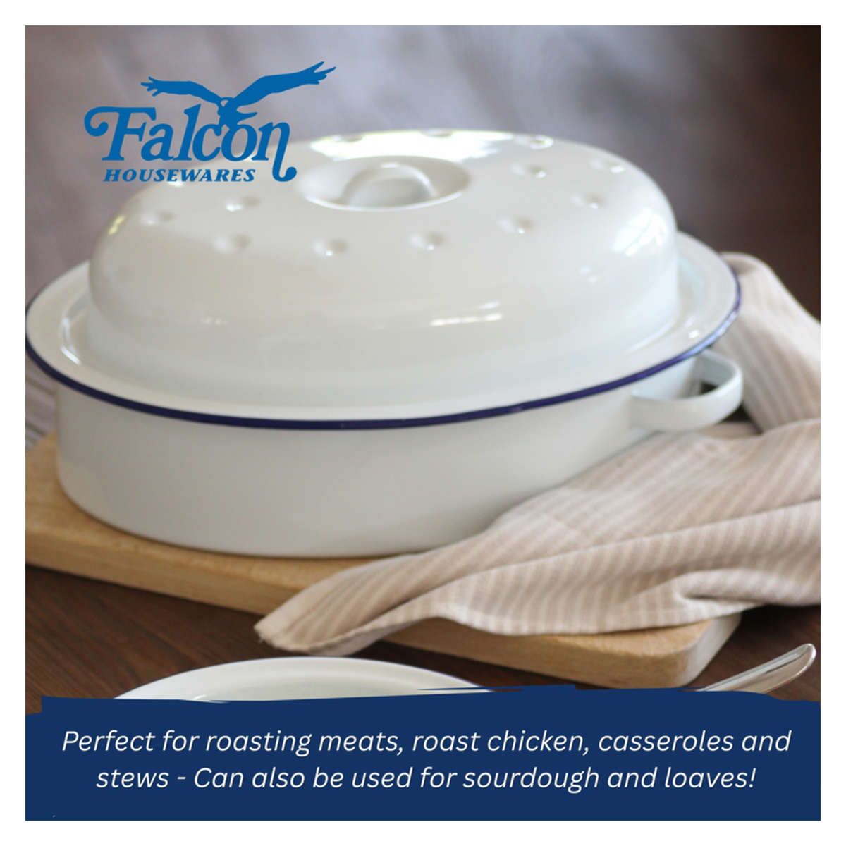Falcon white enamel oval roaster with blue rim, view 5