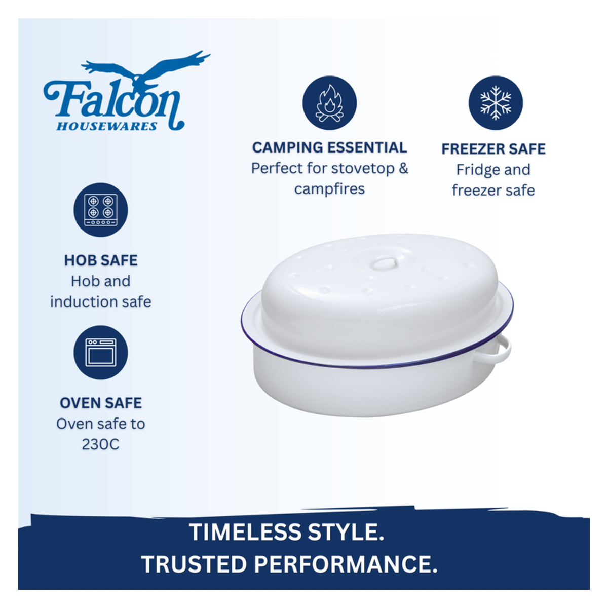 Falcon white enamel oval roaster with blue rim, view 7