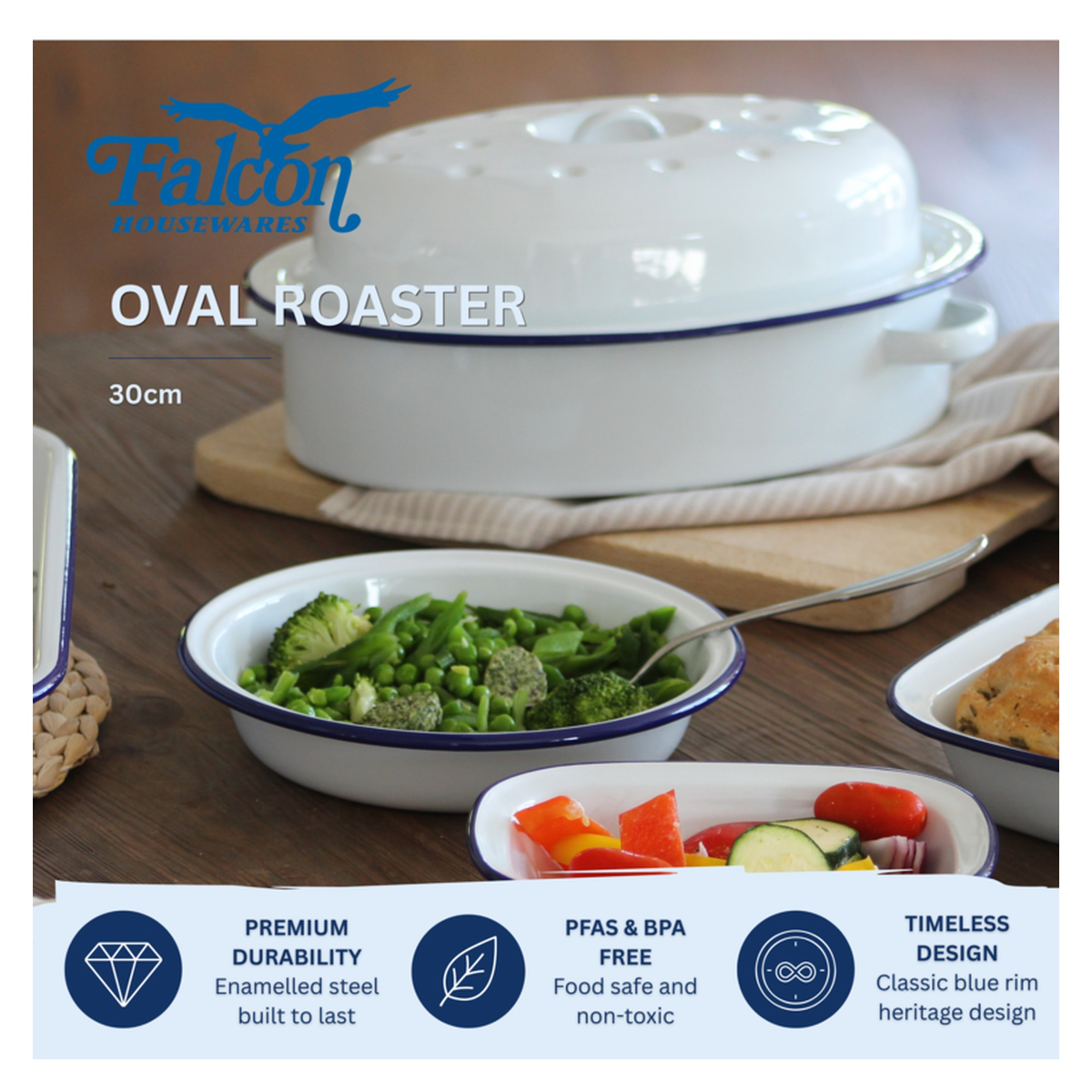 Falcon traditional white enamel oval roaster 30cm