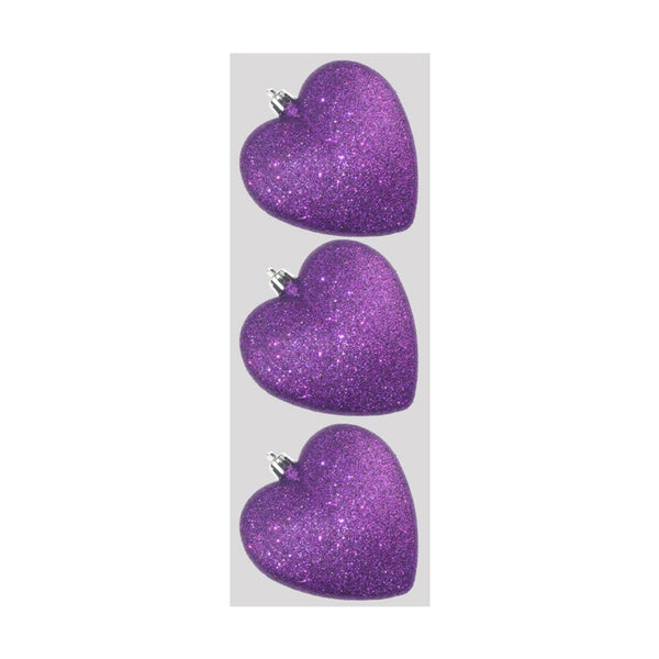 Glitter Hearts x 3 - 9cm Purple