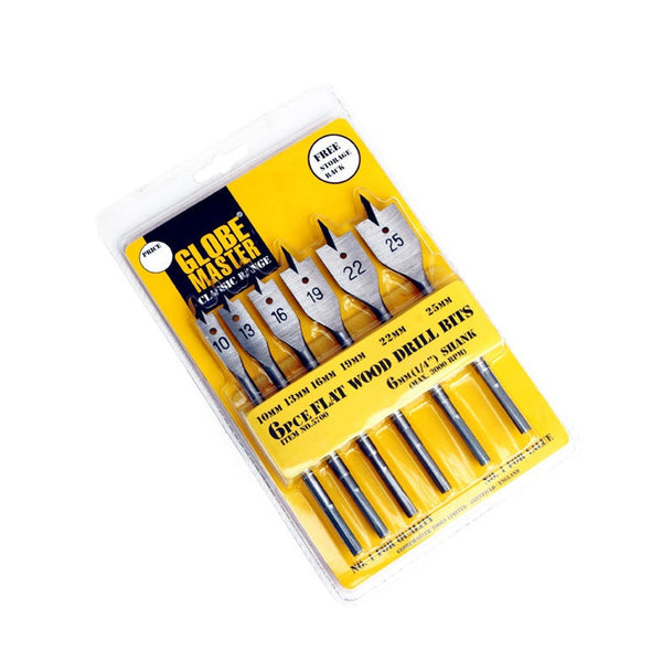 Globemaster 6 piece flat wood drill bit set with storage rack